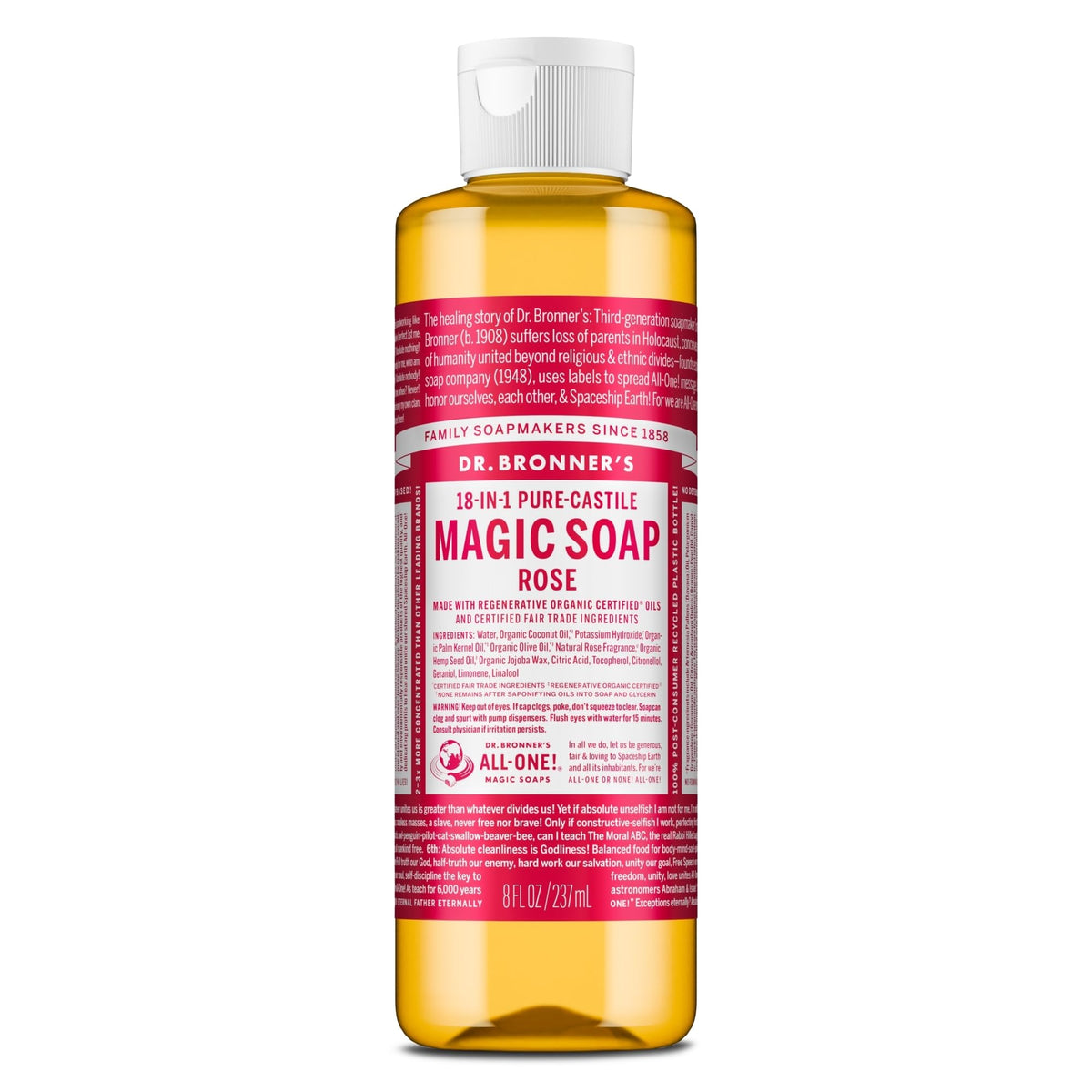Dr. Bronner's - Pure-Castile Liquid Soap (Rose, 8 ounce) - Made with Organic Oils, 18-in-1 Uses: Face, Body, Hair, Laundry, Pets and Dishes, Concentrated, Vegan, Non-GMO