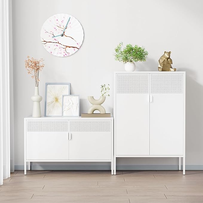 2 Door Accent White Metal Storage Cabinet with Adjustable Shelves and Air Vent Doors, 3 Tier Metal Sideboard Cabinet for Home, Office, Entryway, Hallway, Assembly Required, (LC-WGG-W)