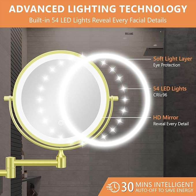 1X/20X Wall Mounted Makeup Mirror with Light, 8" Rechargeable Double-Sided Magnifying Mirror, Vanity Mirror Dimmable 3 Color Light, 360° Extension Rotation Foldable 14.5 Inch Arm for Bathroom