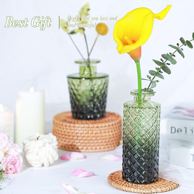 Glass Bud Vases Set of 5, Mini Flower Vase for Centerpieces, Small Clear Vases in Bulk for Wedding Decorations, Vintage Vase for Table, Recepetion, Home Décor (Green)