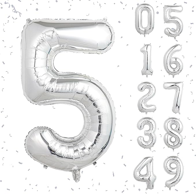 40 Inch Silver Number Balloons, Helium Mylar Foil Number Balloons for Birthdays, Number 5 Balloon for Party Wedding Bachelorette Birthday Bridal Shower Anniversary Celebration Party Decorations