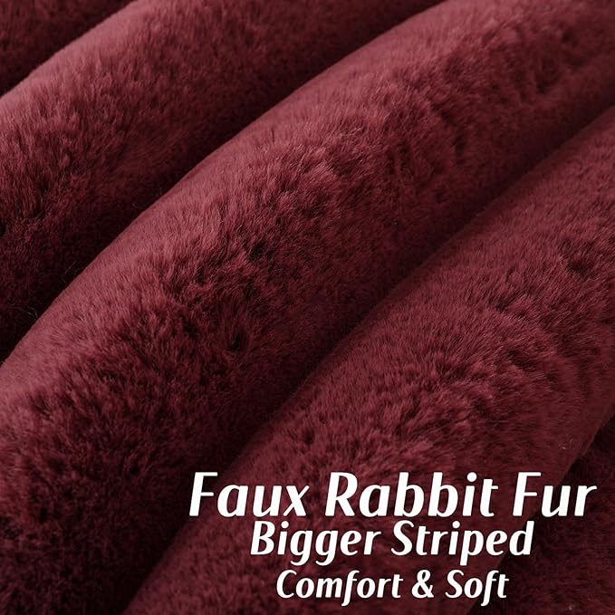 FUTEI Christmas Burgundy Decorative Throw Pillow Covers 24x24 Inch Set of 2, Square Soft Faux Rabbit Fur Thick Striped European Cushion Covers,Winter Home Decor for Couch Bed Living Room