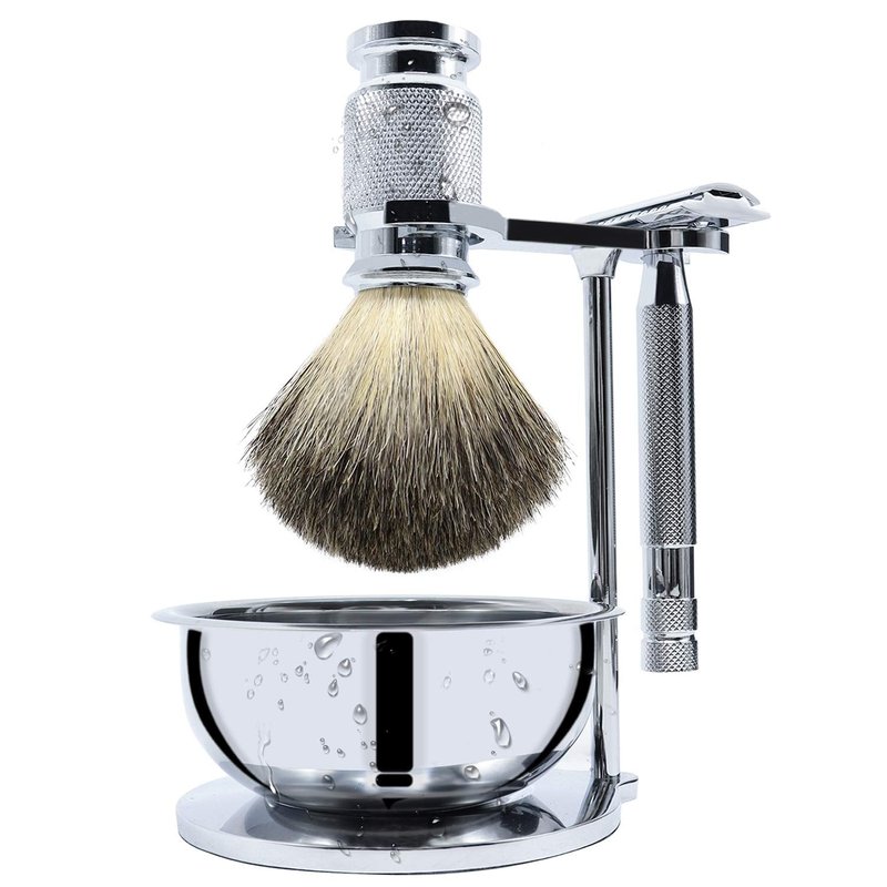 Jolitac Wet Shaving Kit For Men - Badger Hair Shaving Brush, Stainless Steel Bowl Mug, Double Edge Safety Razor, Men's Safety Razor Grooming Gift Set (Silver)