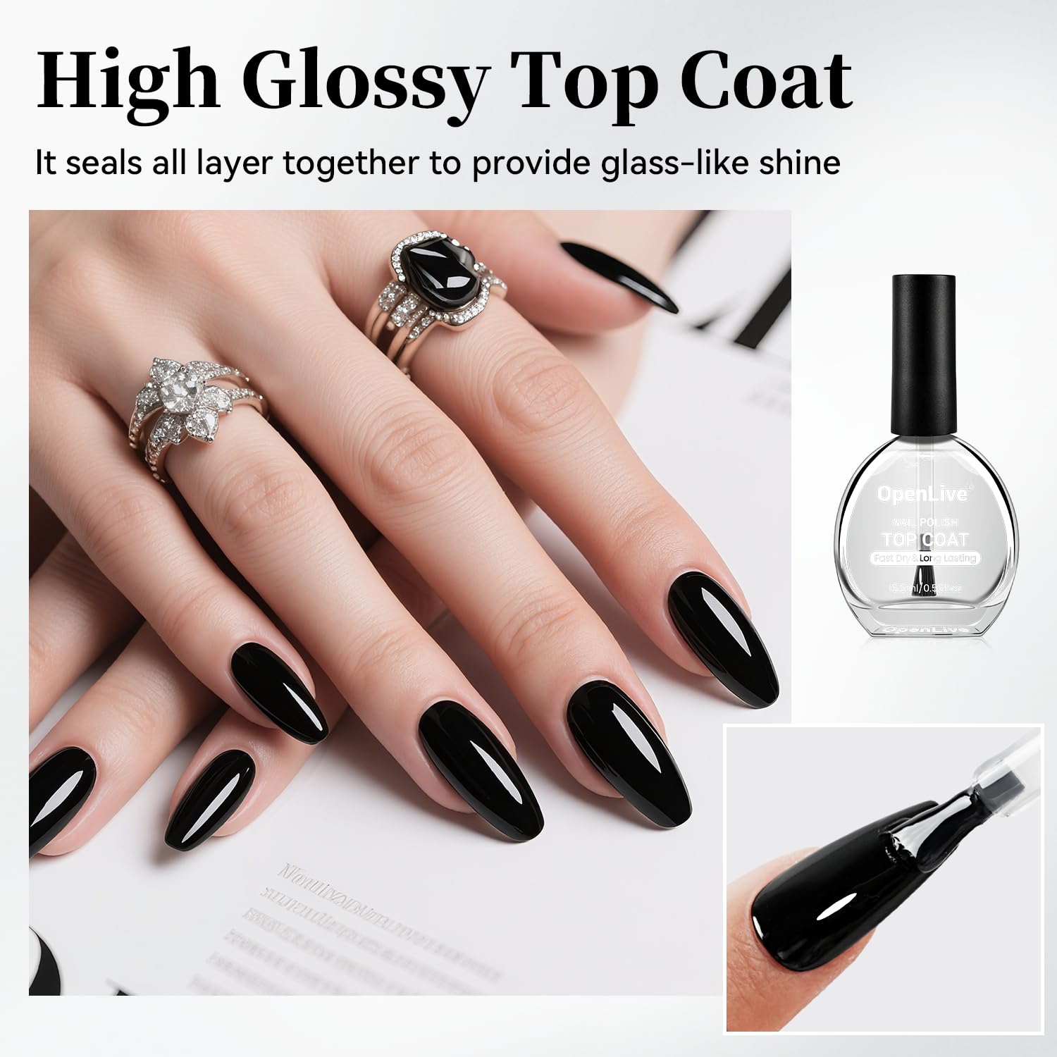 OpenLive 16.5ml Top Coat Clear Nail Polish, Quick Dry High Gloss Shine Large Volume Top Coat, Long Wear and Scratch Resistant for Women Salon DIY Nail Art