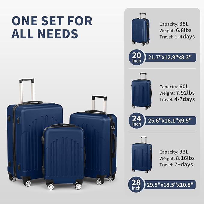 Karl home Luggage Sets 3 Piece, ABS Hardside Suitcase Set with Double Spinner Wheels & TSA Lock for Travel Business, 3-Piece Set (20/24/28), Navy Blue