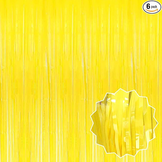 6 Pack Macaron Yellow Foil Fringe Curtains Backdrop, 3.28 x 8.2 Ft Metallic Streamers Tinsel Curtains Background for Photo Booth, Birthday, Christmas, Halloween, New Year Party Decorations