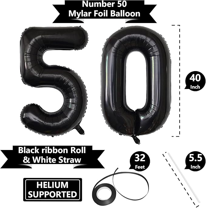 Number Balloons Black Party Balloon - Giant Number 10 Balloon, 40 Inch Large Balloon for Birthday Decorations, Black Party Supplies for Men Women