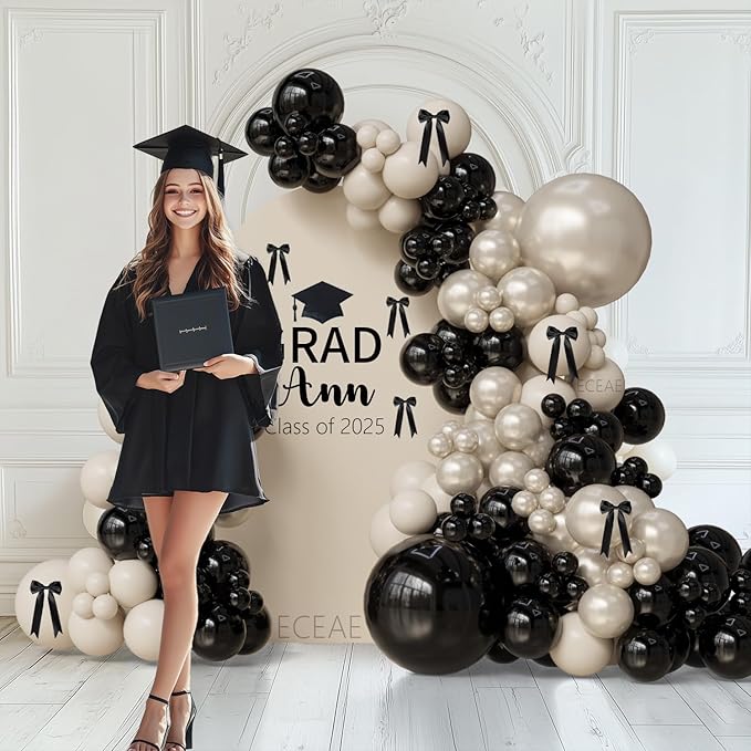 Black and White Champagne Bow Balloon Arch Kit Double-stuffed Pearl Beige Cream Balloons for 2025 Graduation, Prom, Martini Birthday,Bridal Shower, Wedding,Coquette Bride Party Decorations