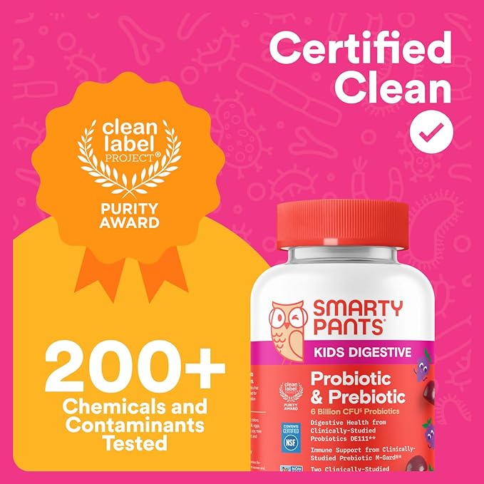 SmartyPants Kids Probiotic & Prebiotic Gummies for Digestive Health: Gut Health Supplement, Clinically Studied Prebiotic for Immune Support, Grape, 60 Count (30 Day Supply)