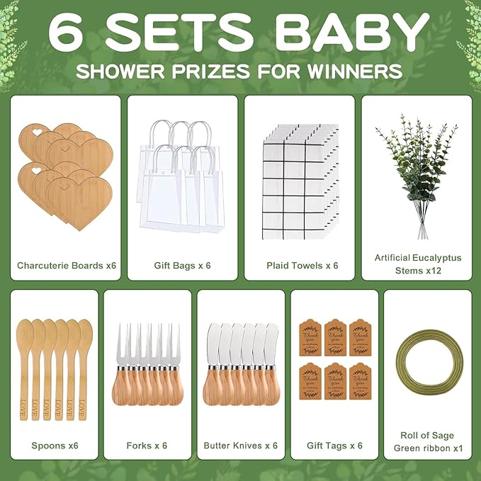 55 Pcs Baby Shower Prizes for Game Winners, 6 Sets Bamboo Cheese Board Kit with Utensils & Towel, Thank You Cards & Gift Bags for Adult Party Favors