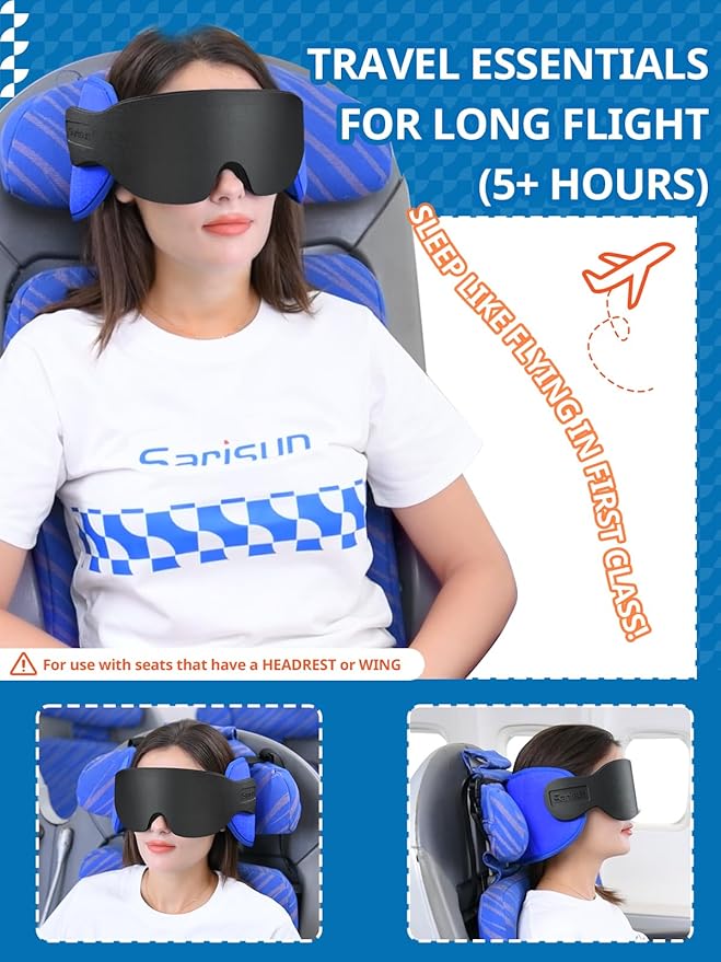 SARISUN Travel Pillows for Airplanes, Airplane Pillow for Long Flight, Airplane Head Strap with Eye Mask for Sleep, Travel Neck Pillow for Car Road Trip, 360° Support Headrest, Stop Bobblehead, Pink