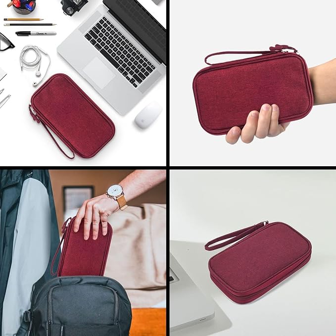 CAOODKDK Electronics Accessories Organizer Pouch Bag, Travel Universal Organizer for Cable, Charger, Phone, SD Card, Business Travel Gadget Bag (Wine Red)
