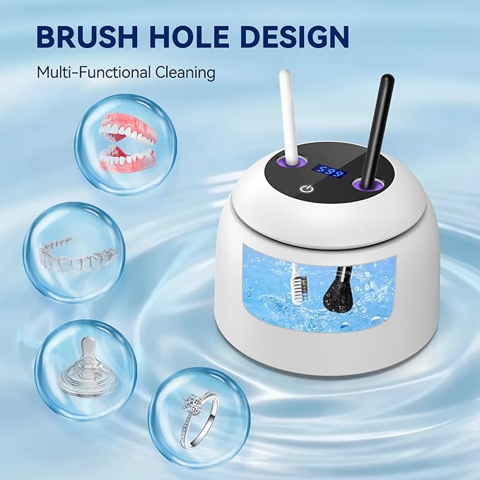 Ultrasonic Retainer Cleaner - 45±3kHz, 3 Modes with Digital Timer, 6 UVC+UVA Lamp,Denture Cleaner Machine, Mouth Guard, IPX6,200ML SUS304 Tank for Aligner, Night Guard Toothbrush (White)