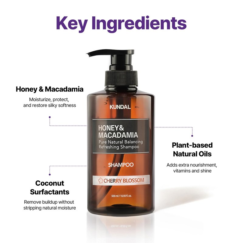 KUNDAL Honey & Macadamia Korean Hair Care Shampoo & Conditioner Set, Cherry Blossom, 16.9 Fl Oz, Pack of 2 - Salon Quality, Helps Hair Feel Moisturized, Argan Oil, Sulfate Free, Long Lasting Scent