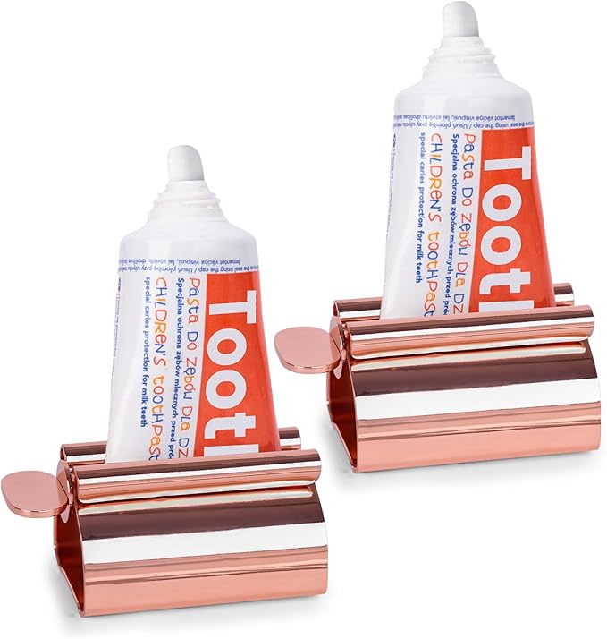 LOVEINUSA Toothpaste Tube Squeezer Dispenser, 2PCS Toothpaste Roller Squeezer Tool Metal Stainless Steel Tooth Paste Holder for Bathroom, Rose Gold
