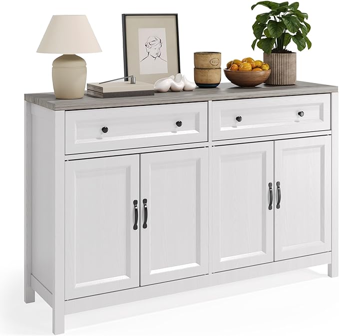 Gizoon Farmhouse Kitchen Sideboard Buffet Cabinet with Storage, Wood Coffee Bar and Storage Sideboard with Drawers and Doors for Kitchen, Dining Room, 15.7" D x 55.1" W x 35.3" H, White/Grey