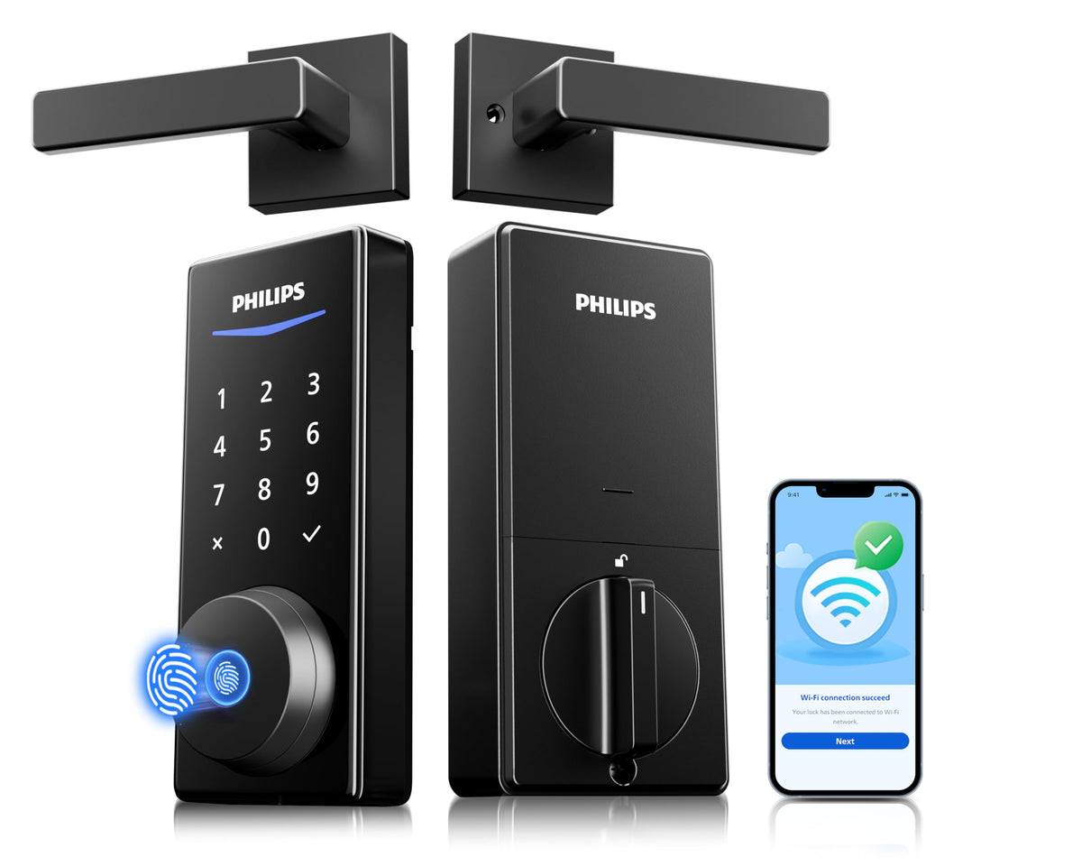 Philips Wi-Fi Smart Lock with Handles, WiFi Keyless Entry Front Door Lock Set, Keypad Deadbolt with Handle App Fingerprint Code Unlocking, Auto Locking, Built-in WiFi, Remote Control & Voice Unlock