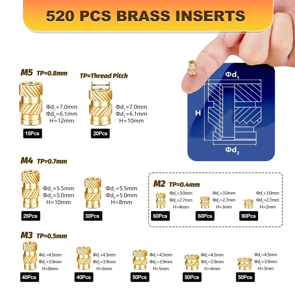Professional Heat Set Insert Tool Kit: 80W Soldering Iron Heat Insert Tool with 520pcs Brass Inserts & Heat Set Insert Tips (M2-M8) for 3D Printing