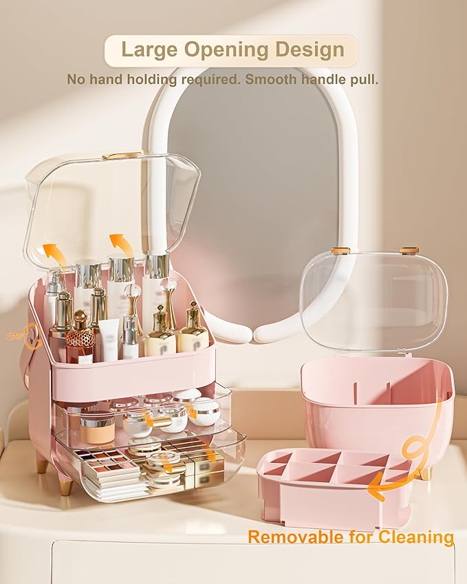 Makeup Organizer with Lipstick Holder, Skincare Organizers Storage Box Cosmetic Display Cases, Teen Girl Gifts Make up Organizers for Vanity, Dresser, Countertop, Bathroom(Pink)