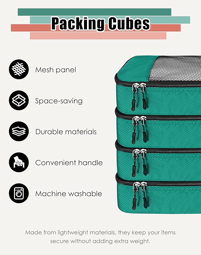 WTREE 4-Piece Packing Cubes Travel Accessories Set for Suitcases - Luggage Organizer Bags with Double Zipper - Mesh Top - Large - Green