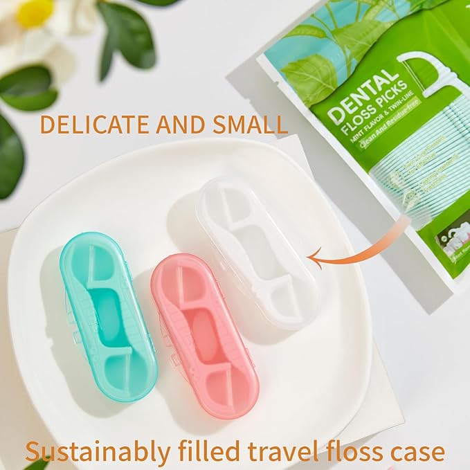Green Dental Floss Picks Twin Line, Travel Size Toothpicks Floss Sticks Kit 85 Count with 2 Portable Flossers Case On-The-Go Oral Care