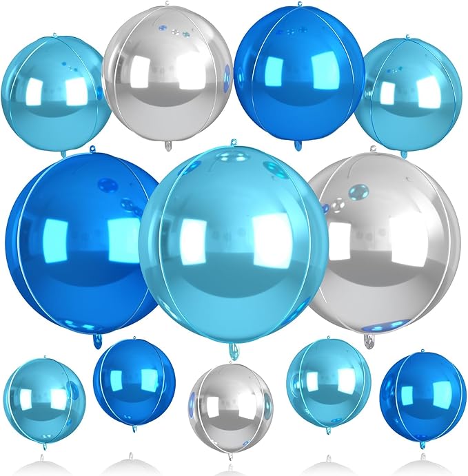 Blue and SIlver Round Balloons Foil, 12 Pcs Round Shaped Balloon Different Size 22" 18" 15" 10", Metallic Blue Silver Balloons for Xmas Prom Graduation Baby Shower Birthday Party Decorations