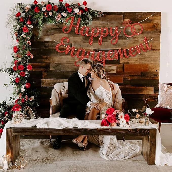 BEISHIDA Glitter Engagement Banner - No DIY, Party Decorations Sign, Wedding Banners (Red)