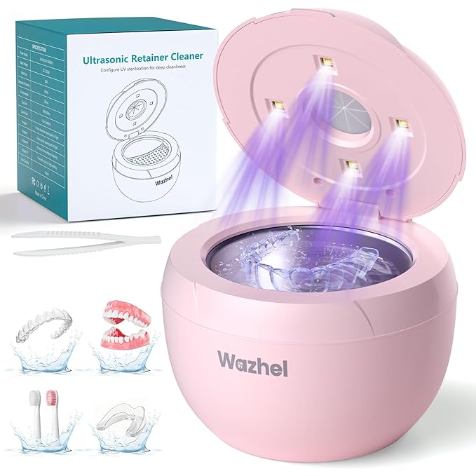 Ultrasonic Retainer Cleaner Machine, 45kHz Dental Cleaning Pod for Denture, Mouth Guard, Night Guard, Aligner, Braces, Toothbrush, 200ML Denture Cleaner with Digital Timer & 4 Modes, Pink