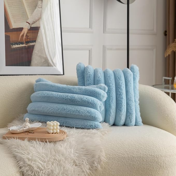 Neelvin Blue Faux Fur Cozy Soft Striped Decorative Throw Pillow Covers 16x16 inch Set of 2,Velvet Pillowcase Cushion Case for Sofa Couch