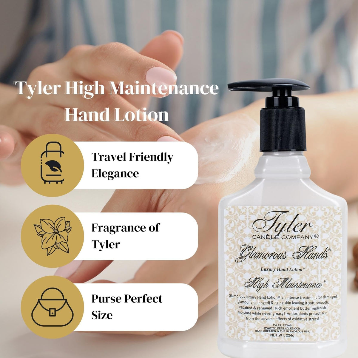 Worldwide Nutrition Bundle: Tyler High Maintenance Hand Lotion - Scented and Small Hand Cream For Dry Hands - 8 Oz Travel Size Luxury Hand Moisturizer and Multi-Purpose Key Chain