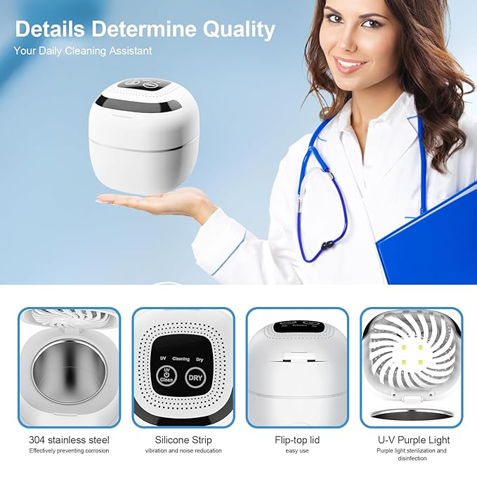 Retainer Cleaner ultrasonic，45kHz 180ml ultrasonic cleaner, cleaning and drying functions with Digital Timer，Retainer Cleaner Machine for Dentures, Mouth Guards, Braces, Jewelry (white)