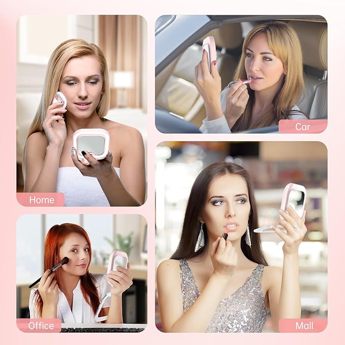 FASCINATE 20X Magnification Compact Travel Makeup Mirror with Lights and Magnification, 3.5 inch Portable 1X/20X Magnifying Mirror with 3 Color Light, Folding, Handheld (Pink)
