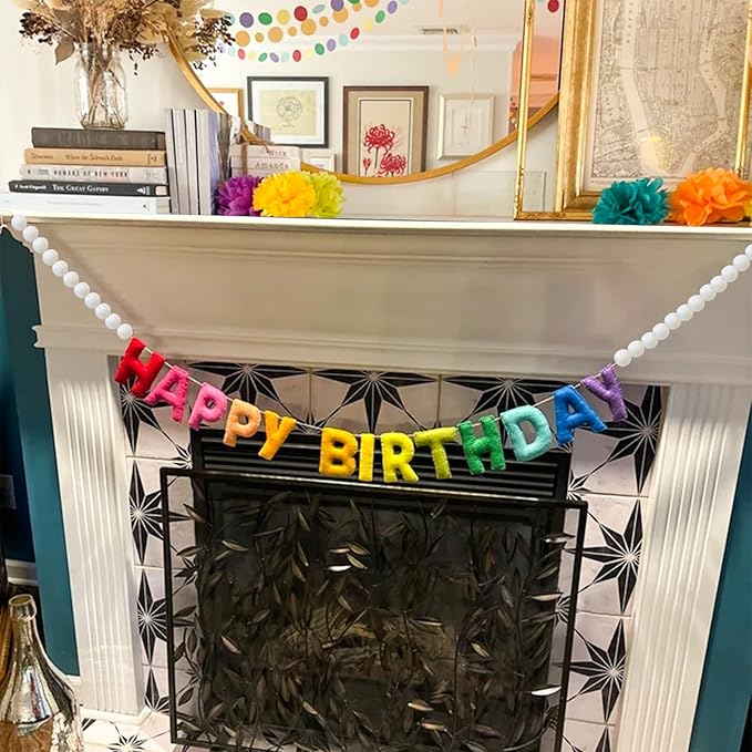 Pre-Strung Happy Birthday Banner - Felt Ball Garland - Happy Birthday Garland, Rainbow Party Decorations, Personalized Birthday Sign for Party Decor,Photo Prop (Birthday Banner Wearing White Balls)