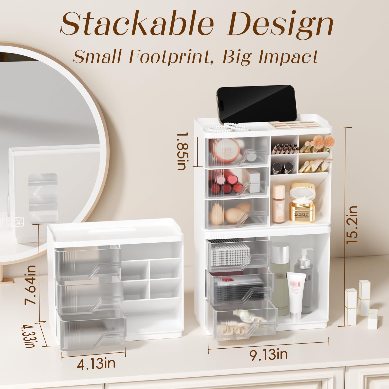 Small Makeup Organizer with Drawers, Stackable Bathroom Couneter Organizer with Phone Holder, Versatile Vanity Organizer Countertop, Cosmetic Organizer for Makeup Brush, Skin Care, Lotion -White,1Pack