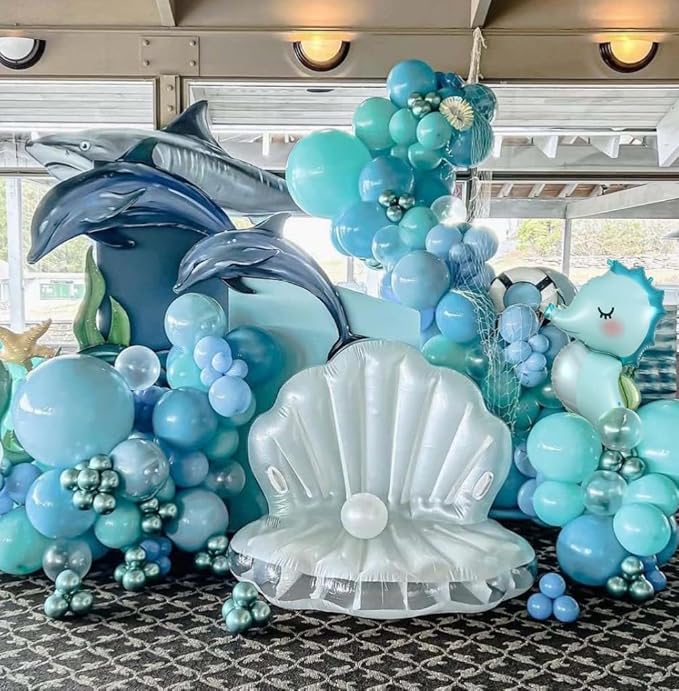 Under the Sea Party Decorations, 154pcs Ocean Blue Balloon Garland Arch Kit, Blue Bubble Balloons with Dolphin Shark Hippocampus Foil Balloon for Ocean Birthday Party Supplies Shark Party Decor