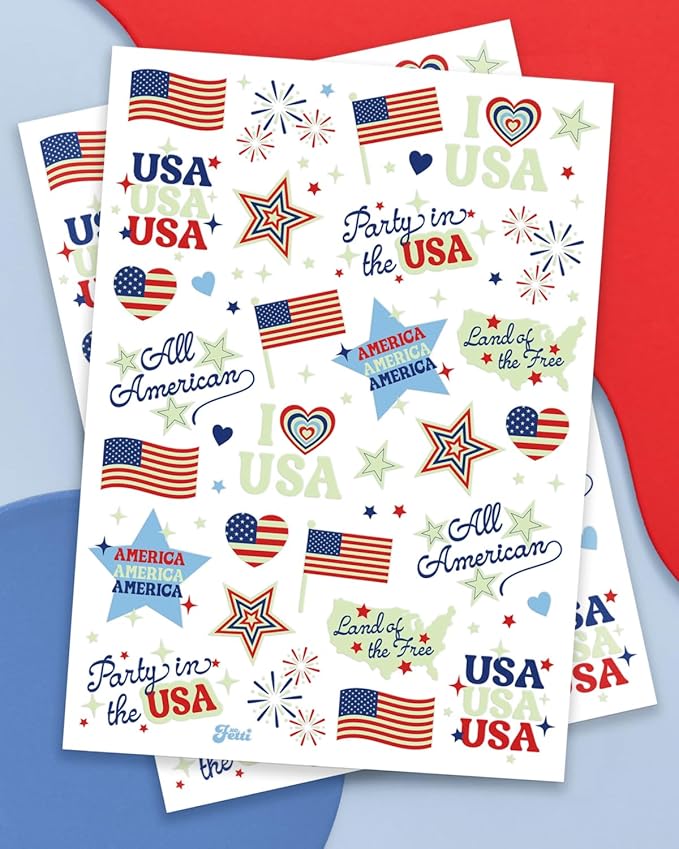 xo, Fetti Fourth of July Tattoos - 60 designs Glow in the Dark | Patriotic Party Decor, Red White Blue, USA Flag, Kids Birthday, American Independence Day, Temporary Tattoos