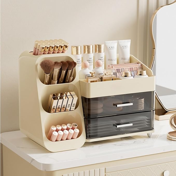 Makeup Organizer with Drawers,Large Capacity Countertop Organizer for Vanity,Bathroom and Bedroom Desk Cosmetics Organizer,Easy To Storage Skincare,Brushes, Eyeshadow, Lotions, Lipstick (Cream)