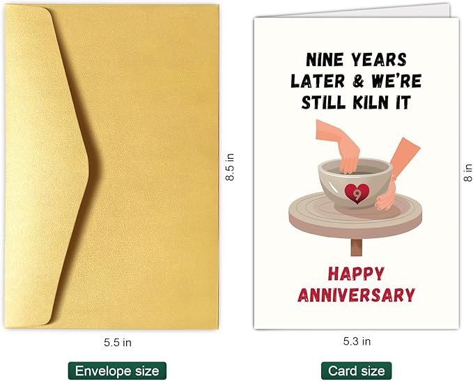 Funny 9th Anniversary Card & Gift for Husband Wife, Pottery Anniversary Pun Card Gifts for Him Her, 9 Years Together Wedding Anniversary Card for Couple, Nine Years Later & We're Still Kiln It