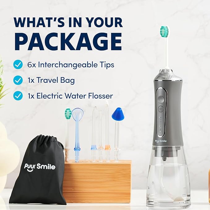 Professional Water Flosser - Advanced Dental Care for a Healthier Mouth, Gum, and Teeth - IPX7 Waterproof Oral Irrigator | 7 Replacement Tips, Travel-Friendly, Rechargeable - Oral Hygiene (Grey)