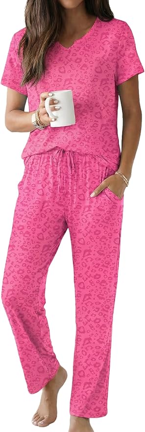 Ekouaer 2 Piece Womens Pajamas V Neck Short Sleeve Top and Long Pants Pjs Print Lounge Set Sleepwear