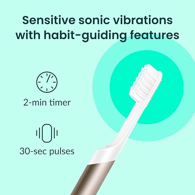 Quip Metal Sonic Electric Toothbrush for Adults - Time Travel & Soft Bristles with Travel Case & Replacement Brush Head - 3 Month Battery Life - Dawn Peach Gold