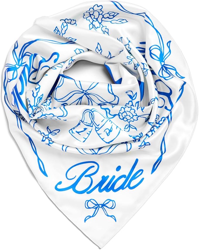 xo, Fetti Bride Head Scarf, 27x27 in | Bachelorette Bandana, Bridal Headwear, Bach Party Accessory, Bridesmaid Gift, White Wedding Handkerchief, Something Blue Silk Hat
