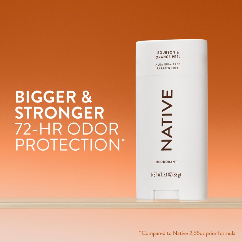 Native Aluminum Free Deodorant, Bourbon & Orange Peel, Large Size Stick, 72 Hour Odor Control, for Women & Men, Contains Naturally Derived Ingredients, 3.1 oz