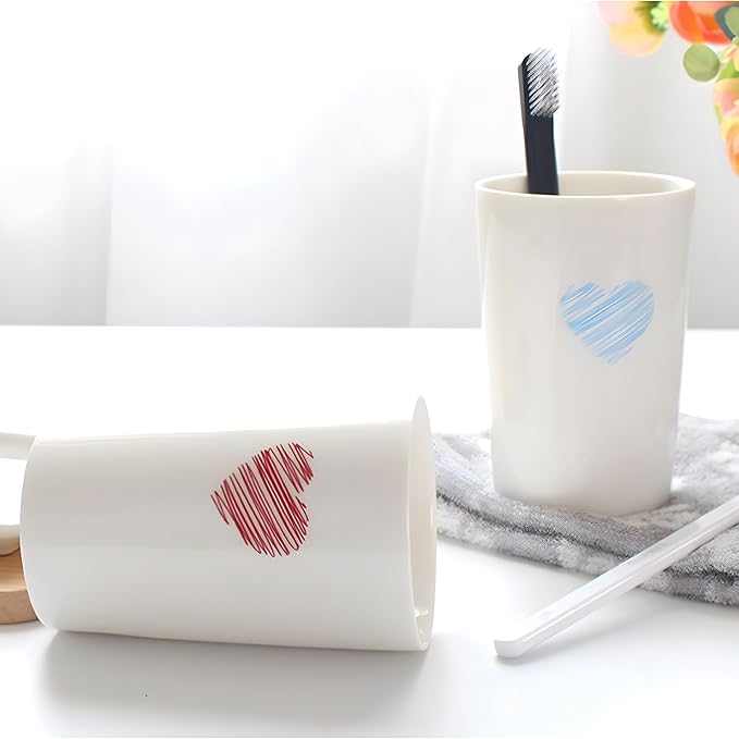 Kelake White Ceramic Tumbler Cup for Bathroom Toothpaste Toothbrush Holders Water Milk Drinks Cup 350 ml Bathroom Blue Heart Couples Cup for Christmas Birthday