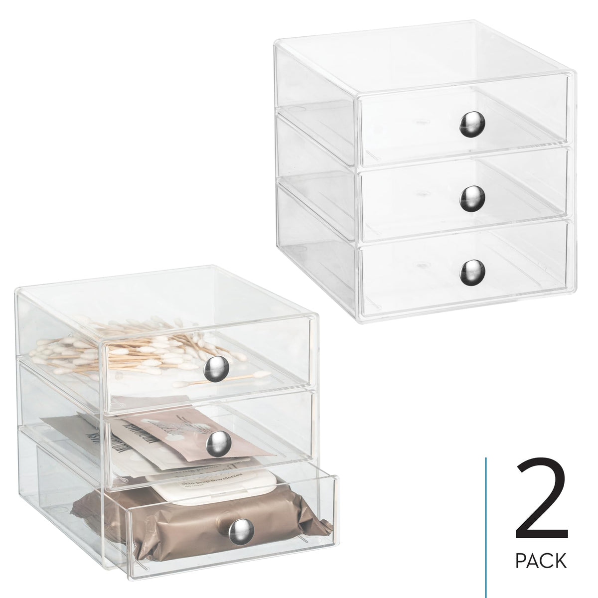 iDesign Stackable 3-Drawer Makeup Organizer, Set of 2, Clear