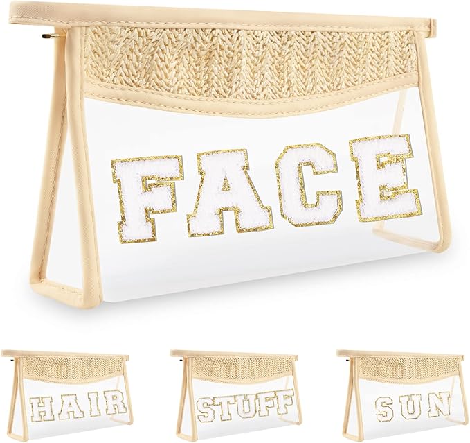 Clear Patch Makeup Letter Bag, Boho Preppy Chenille Letter Cosmetic Bag, Waterproof Zipper Make up Bags Toiletry Pouch for Women Girls, Clear Transparent Organizer Pouch for Travel(Face, Beige)