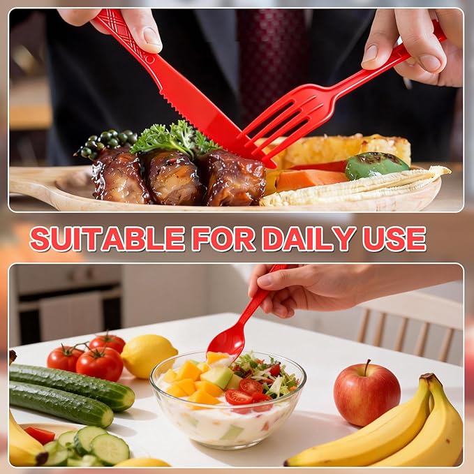 360-Pack Plastic Red Silverware Set, Disposable Cutlery Set, Plastic Forks and Spoons Knives Utensils Set (120 Each) for Christmas Party, Valentine‘s Day, Weddings, Festive Events