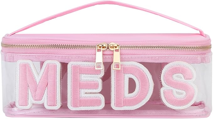 Clear Waterproof MEDS RX Makeup Bag，Transparent PVC Letter Patch medication travel case with Handle and Zipper, Portable Meds First Aid Travel Organizer Cosmetic Bag(01 Pink MEDS)