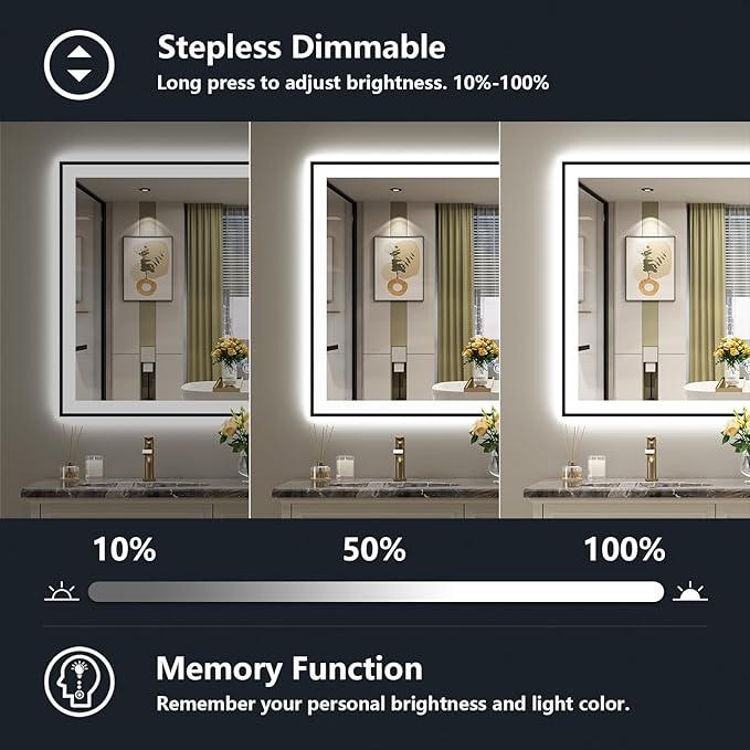 55x30 Inch LED Bathroom Mirror with Lights (Front Lit and Backlit) Black Framed Lighted Vanity Mirror for Bathroom Wall Dimmable Anti-Fog Memory Tempered Glass Horizontal/Vertical