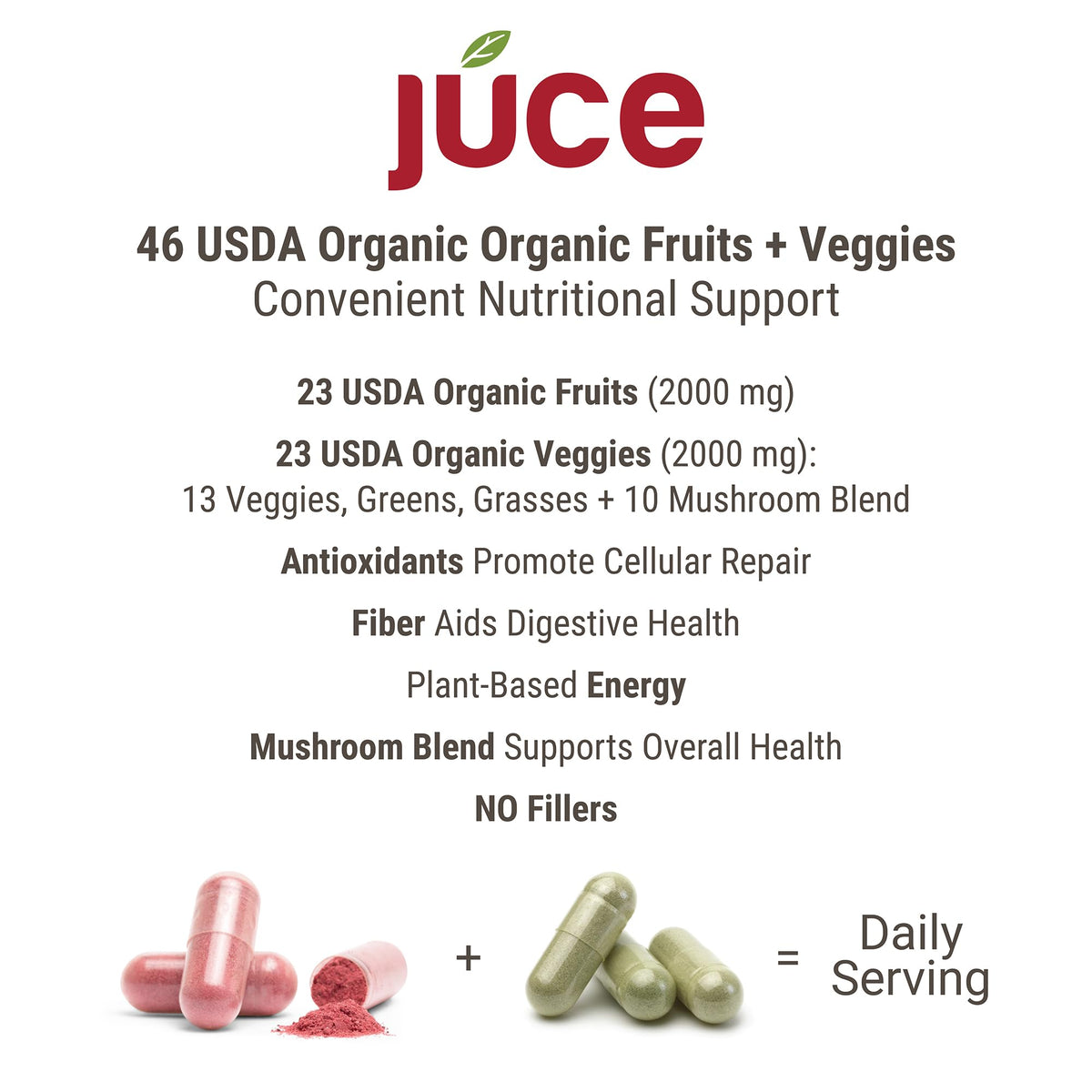 Juce Original Formula - Organic Super Fruit & Veggies Supplement - Gluten/Gelatin Free, Soy Free & Vegan- Reds & Greens Superfood Capsules- 23 Fruits & 23 Vegetables (180 Count)- By Terra Kai Organics